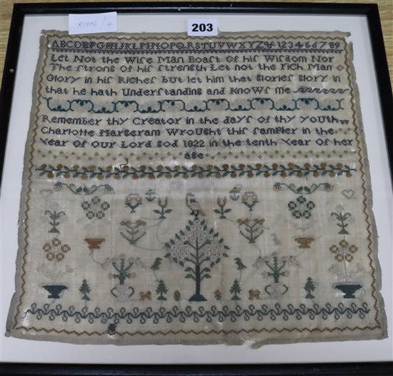 An 1822 needlework sampler, 32 x 32cm